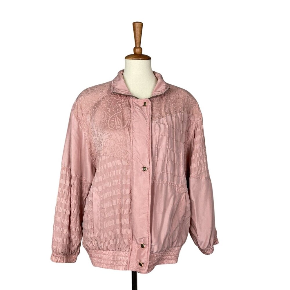 Vintage Misty Valley Pink Silk Bomber Jacket Floral Women's M 80s/90s